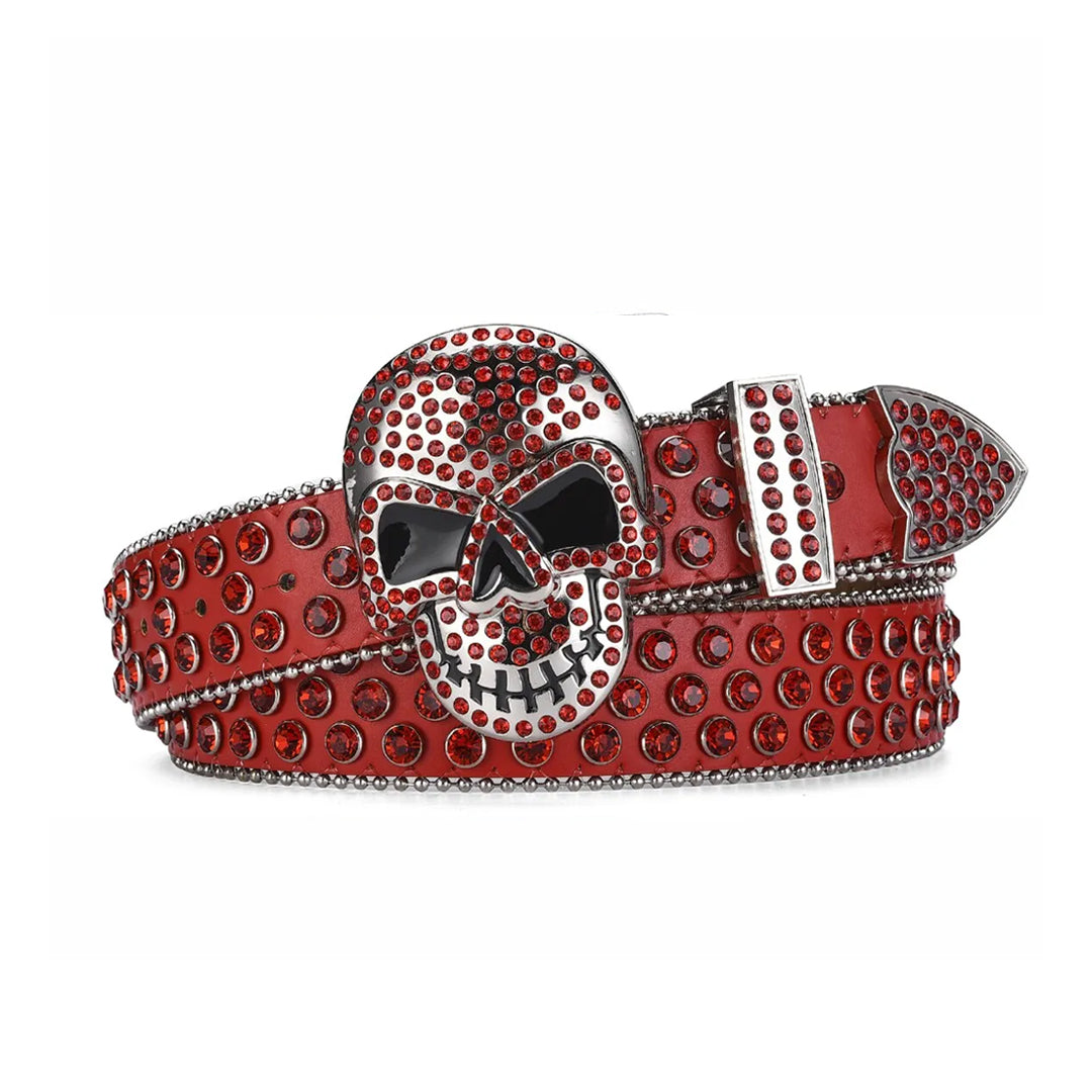 Skull Buckle Red Strap With Red Studded Rhinestone Belt