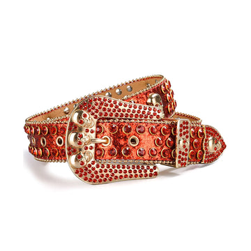 Skull Buckle Shiny Red Strap With Red Studded Rhinestone Belt