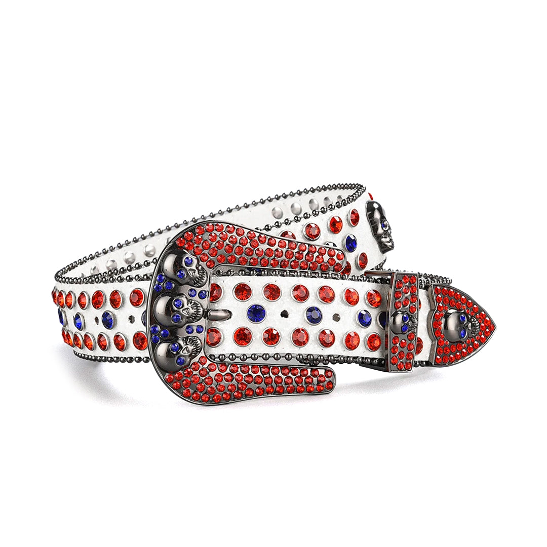 Skull Buckle White Strap With Red & Blue Studded Rhinestone Belt