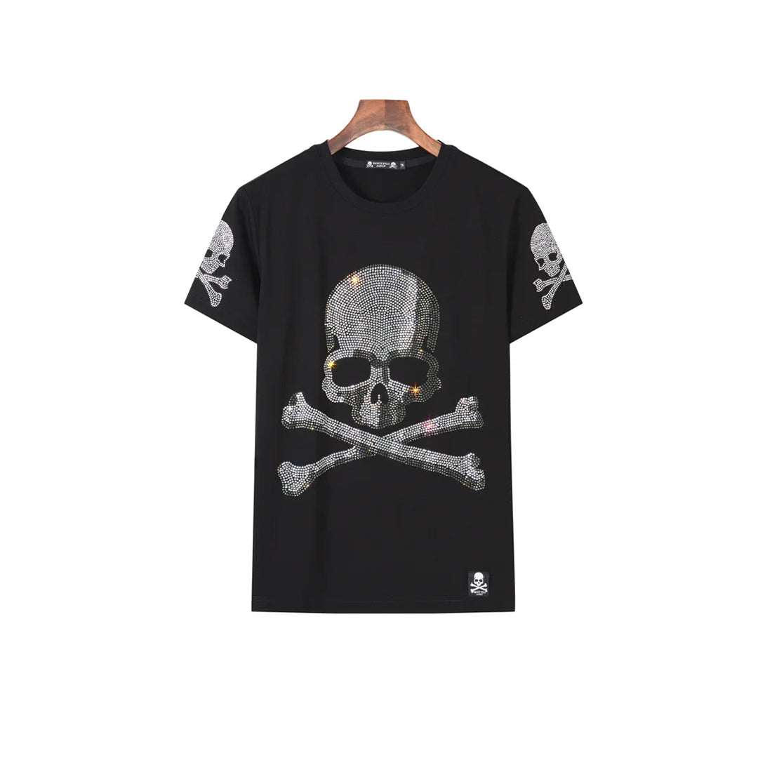Skull With Bone Black Rhinestone T-shirt