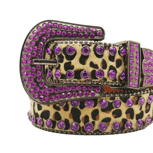 Purple Rhinestone Belt With Cheetah Strap