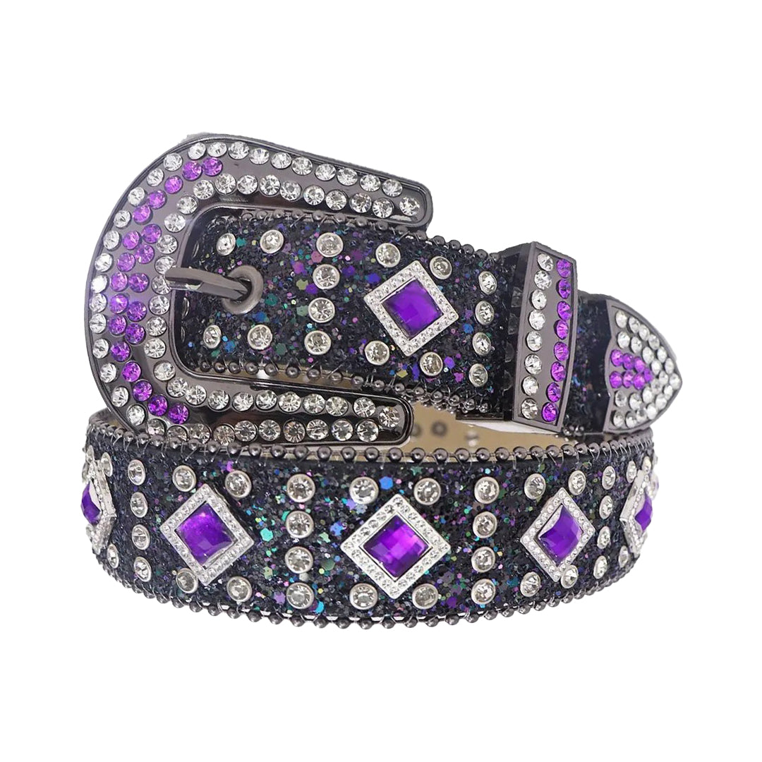 Purple Sapphire Rhinestone Belt With Black Glitter Strap