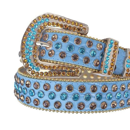 Blue and Gold Rhinestone Belt With Blue Textured Strap