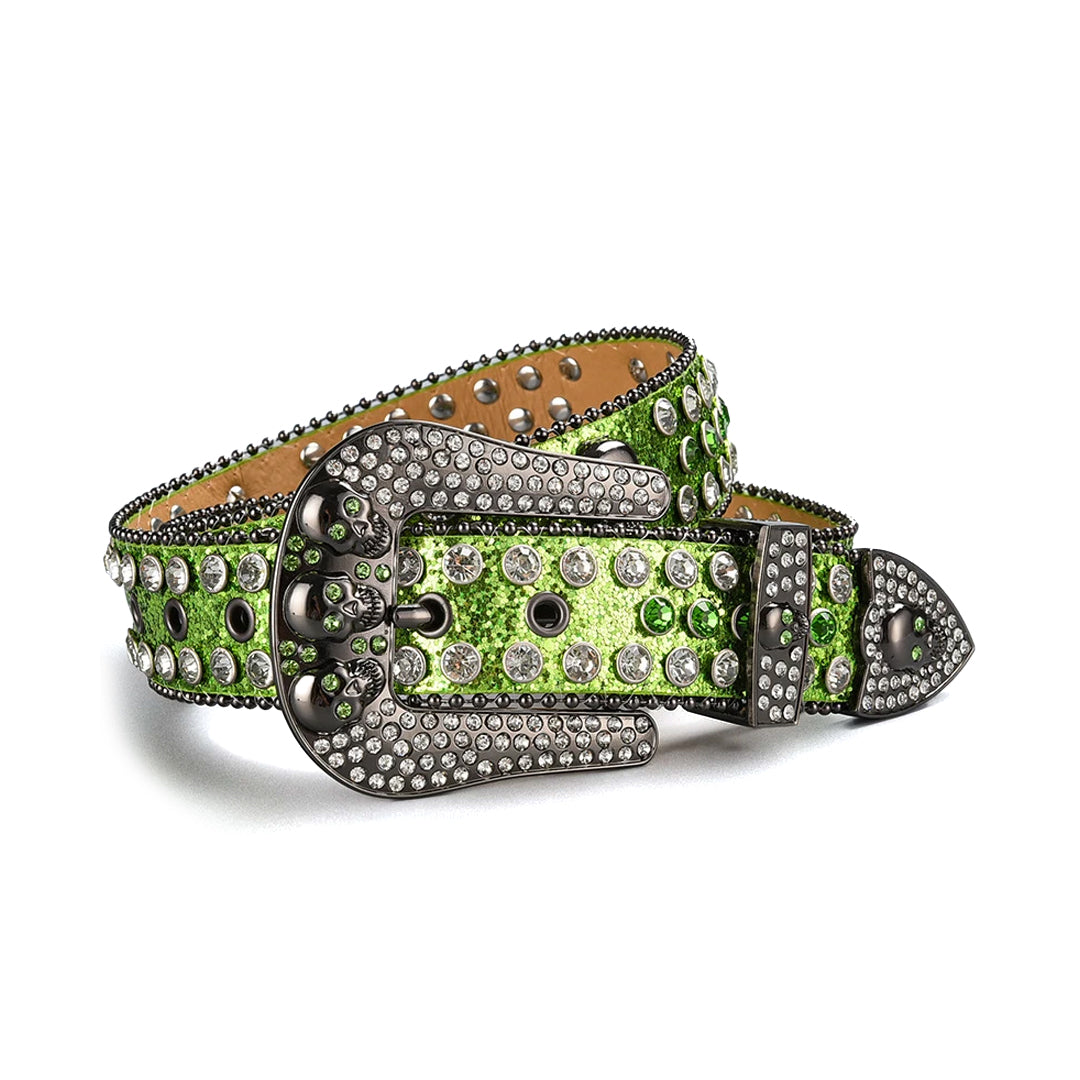 Skull Buckle Shiny Green Strap With Green & Crystal Studded Rhinestone Belt