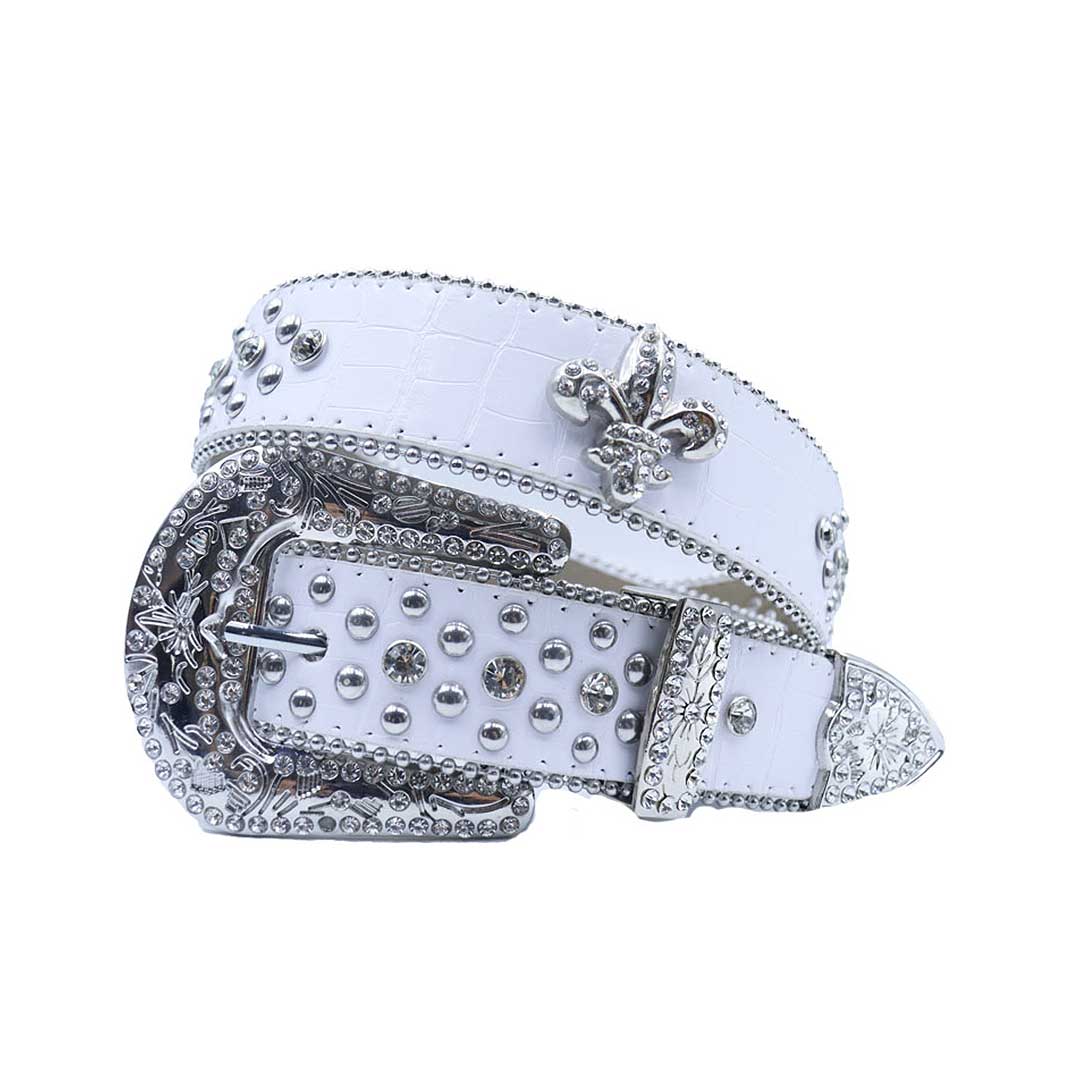 Engraved Buckle Crown White Strap With Crystal & Metal Studded Rhinestone Belt