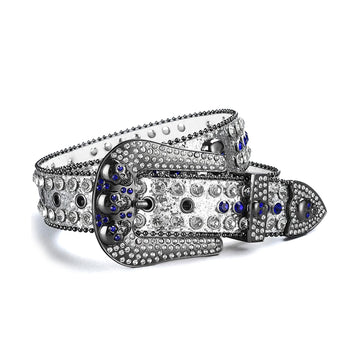 Skull Buckle Shiny Silver Strap With Blue & Crystal Studded Rhinestone Belt