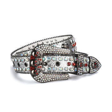 Skull Buckle Shiny Silver Strap With Multi & Red Studded Rhinestone Belt