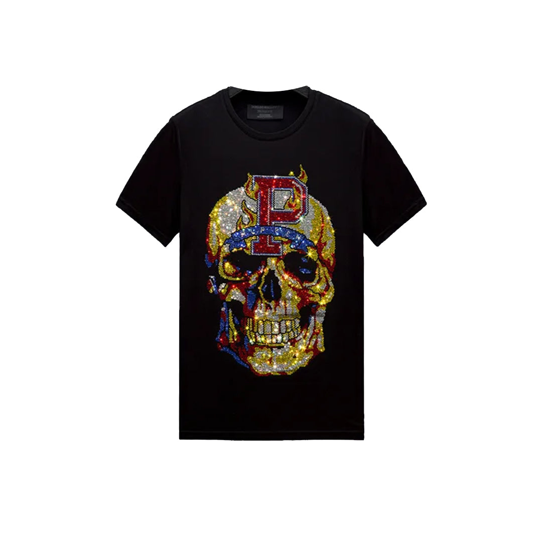 Pirates Print Skull Black Rhinestone T-shirt