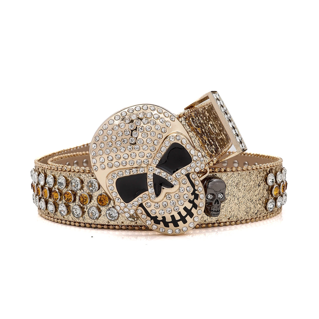 Skull Buckle Shiny Gold Strap With Gold & Crystal Studded Rhinestone Belt