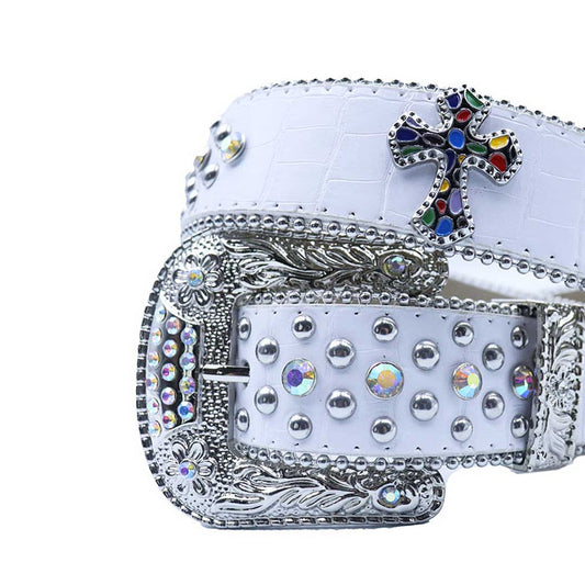 Engraved Buckle Cross White Strap With Multi & Metal Studded Rhinestone Belt