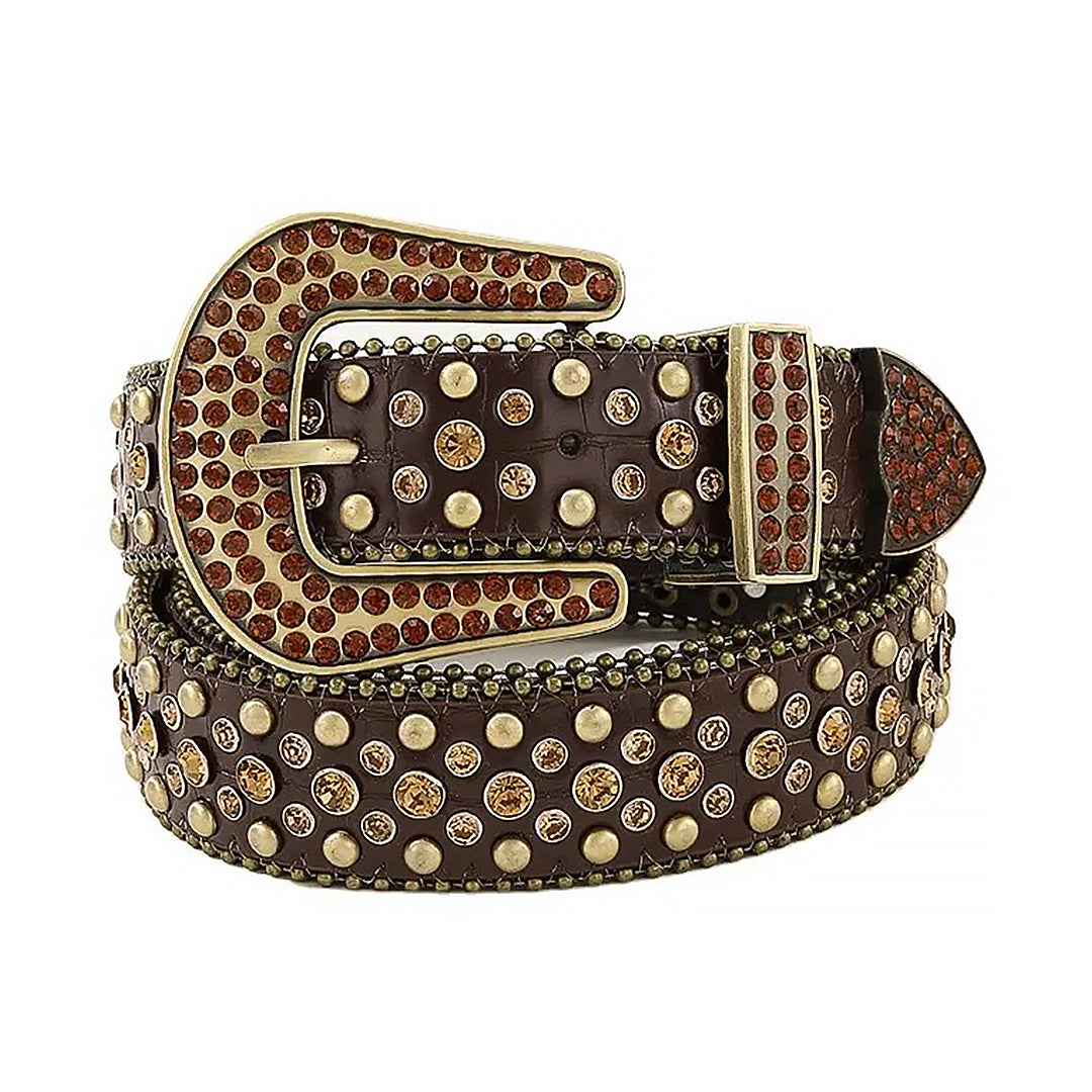 Brown Rhinestone With Gold Studs Belt With Brown Texture Strap