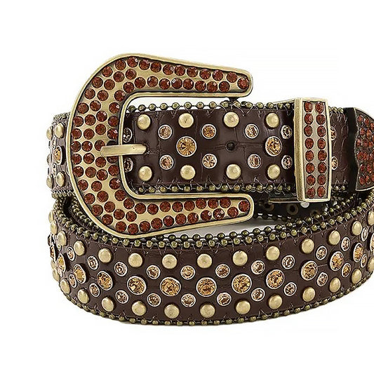 Brown Rhinestone With Gold Studs Belt With Brown Texture Strap