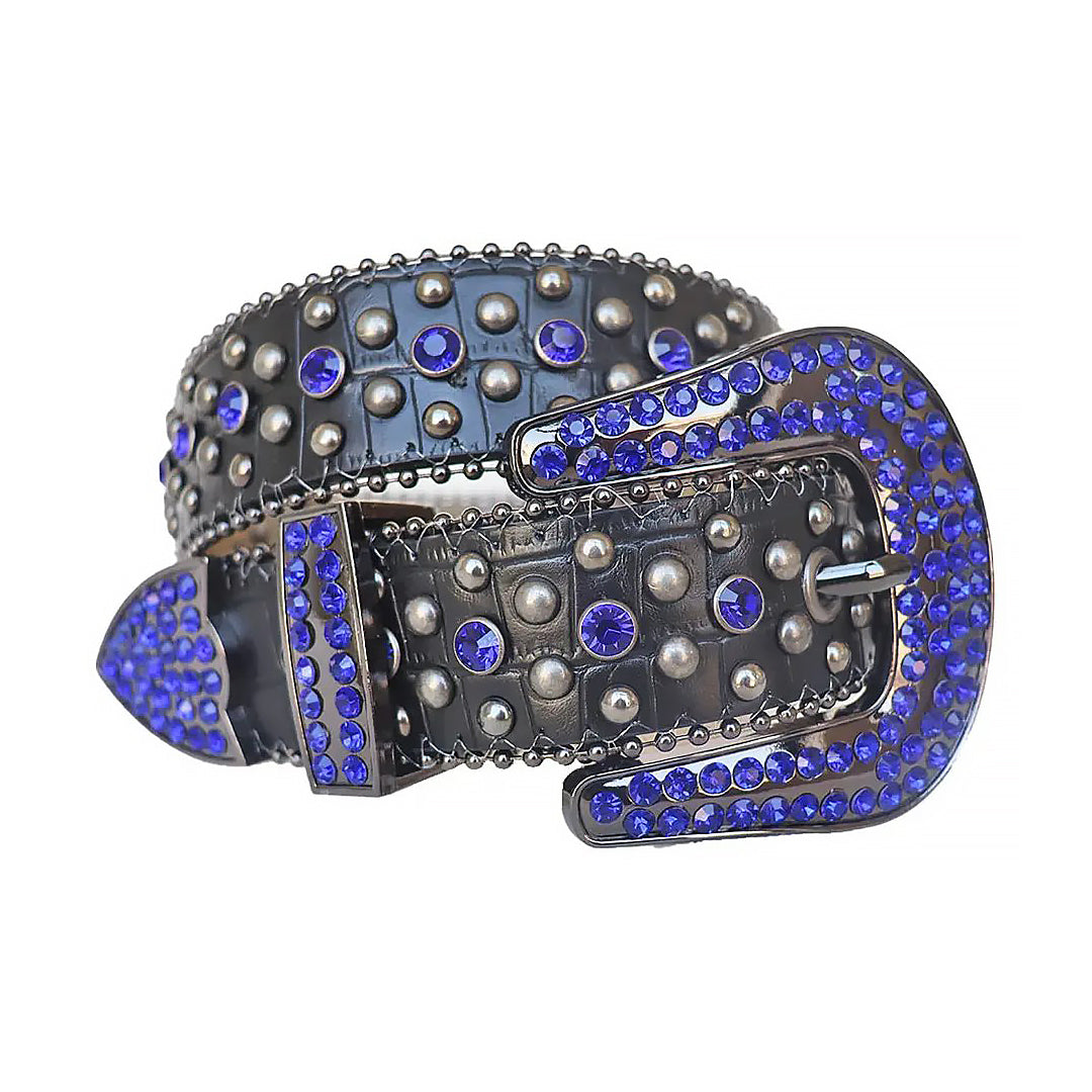 Blue Rhinestone With Silver Studs Belt With Black Texture Strap