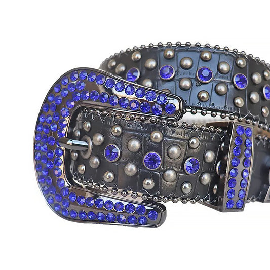 Blue Rhinestone With Silver Studs Belt With Black Texture Strap