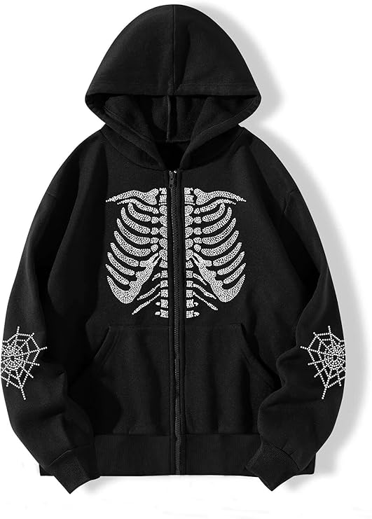 Black Skeleton Chest Sudded Rhinestone Hoodie