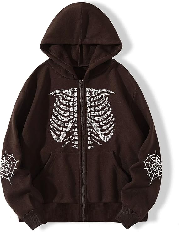 Brown Skeleton Chest Sudded Rhinestone Hoodie