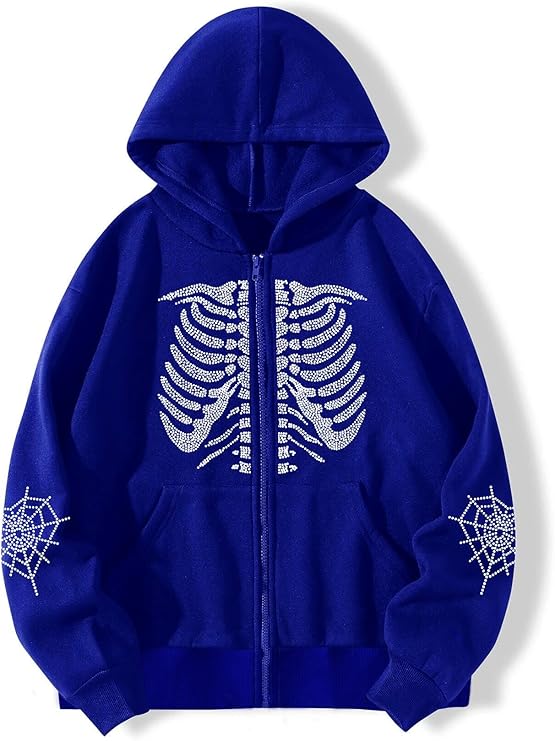 Blue Skeleton Chest Sudded Rhinestone Hoodie