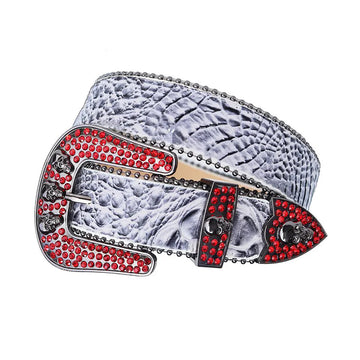 Red Rhinestone Belt With Grey Textured Strap and Skull Buckles