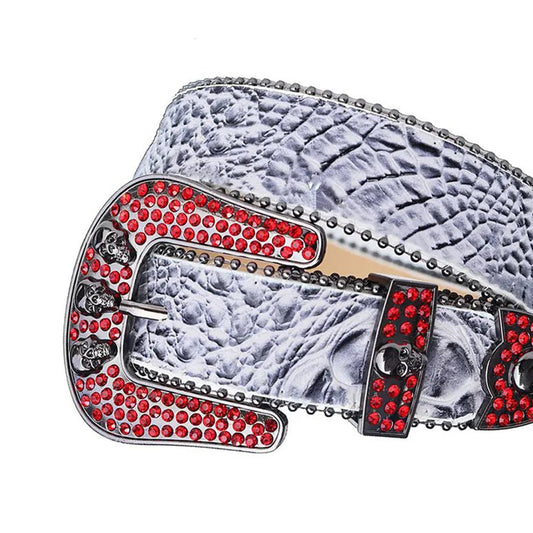 Red Rhinestone Belt With Grey Textured Strap and Skull Buckles