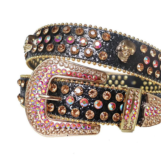 Pink and Gold Rhinestone Belt With Skull Studs and Black Strap