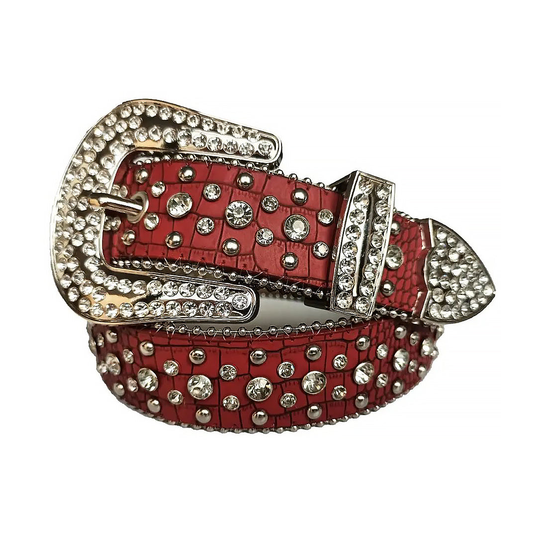 Diamond Rhinestone And Silver Studs Belt With Red Texture Strap