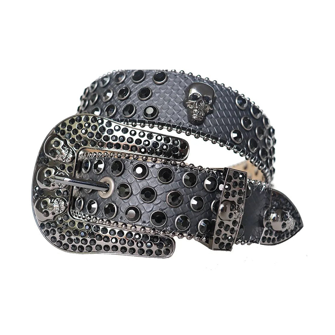 Black Rhinestone Belt With Charcoal Snake Texture Strap and Skull Buckles