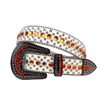 White Strap With Orange & Crystal Studded Rhinestone Belt