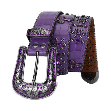 Purple Rhinestone And Silver Studs Belt With Purple Textured Strap