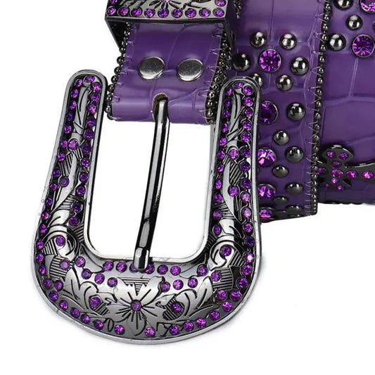 Purple Rhinestone And Silver Studs Belt With Purple Textured Strap