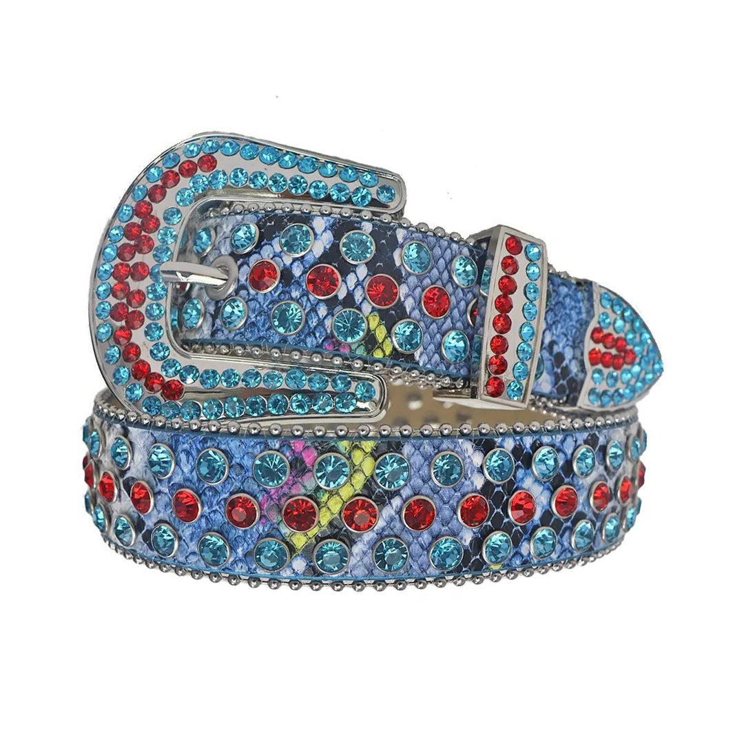 Red and Blue Rhinestone Belt With Snake Texture Strap