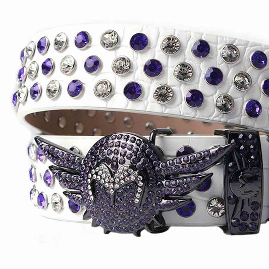 Black and White Angel Wings Buckle Rhinestone Belt with White Strap