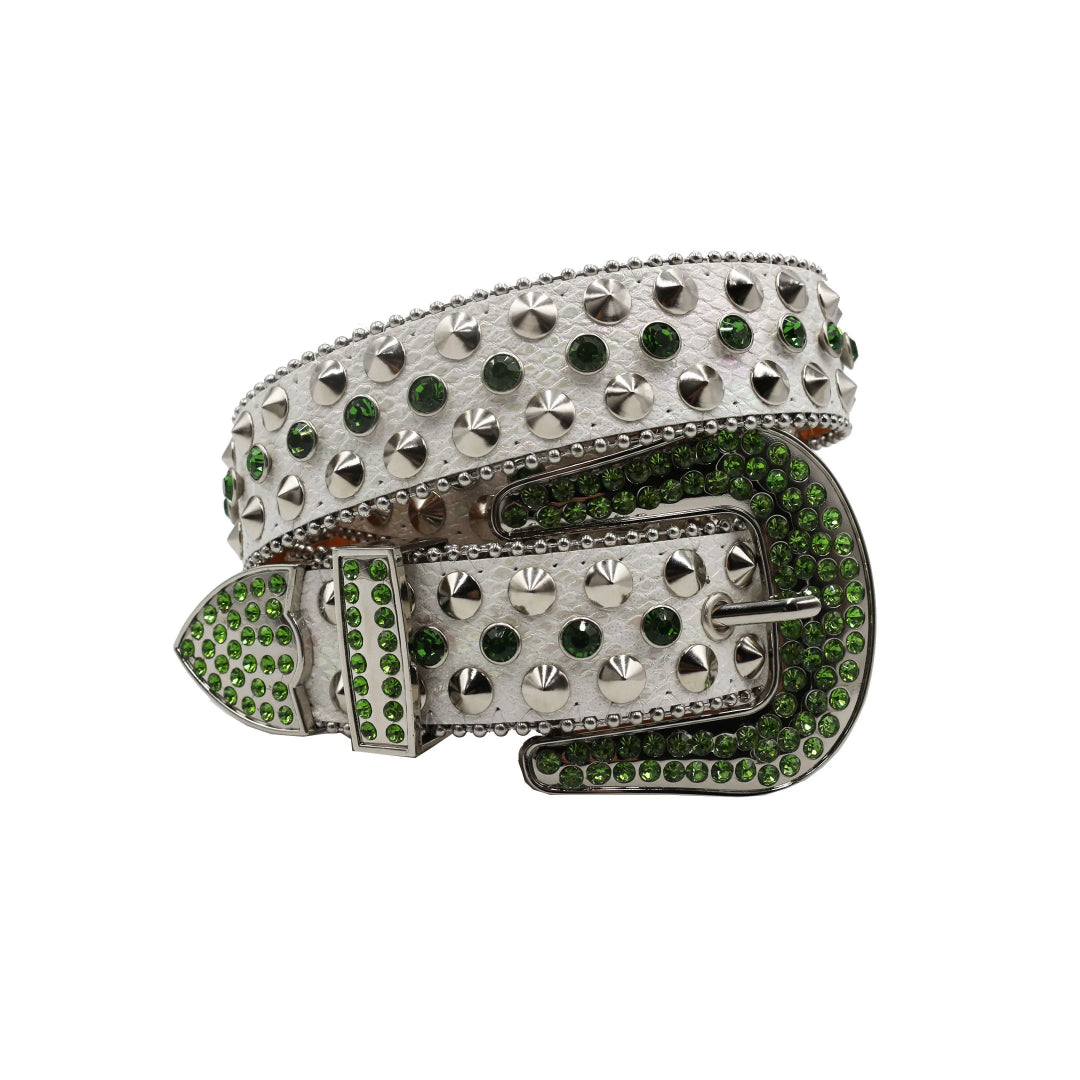 Engraved Buckle White Strap with Green Crystal Rhinestone Belt