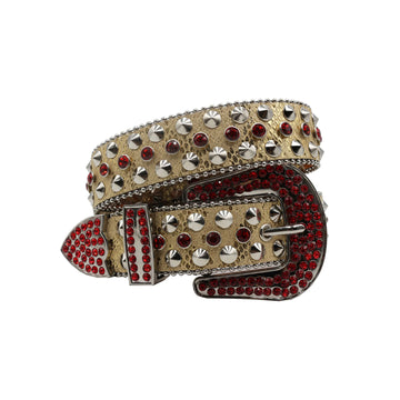 Silver Buckle Coffee Strap With Red Crystals Rhinestone Belt