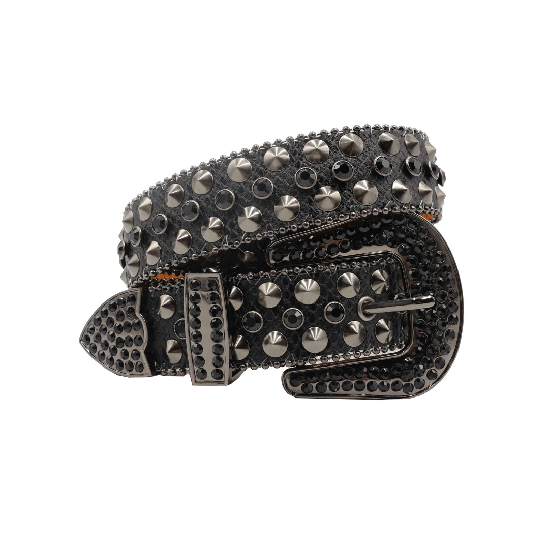 Engraved Buckle Black Strap With Black Studded Rhinestone Belt