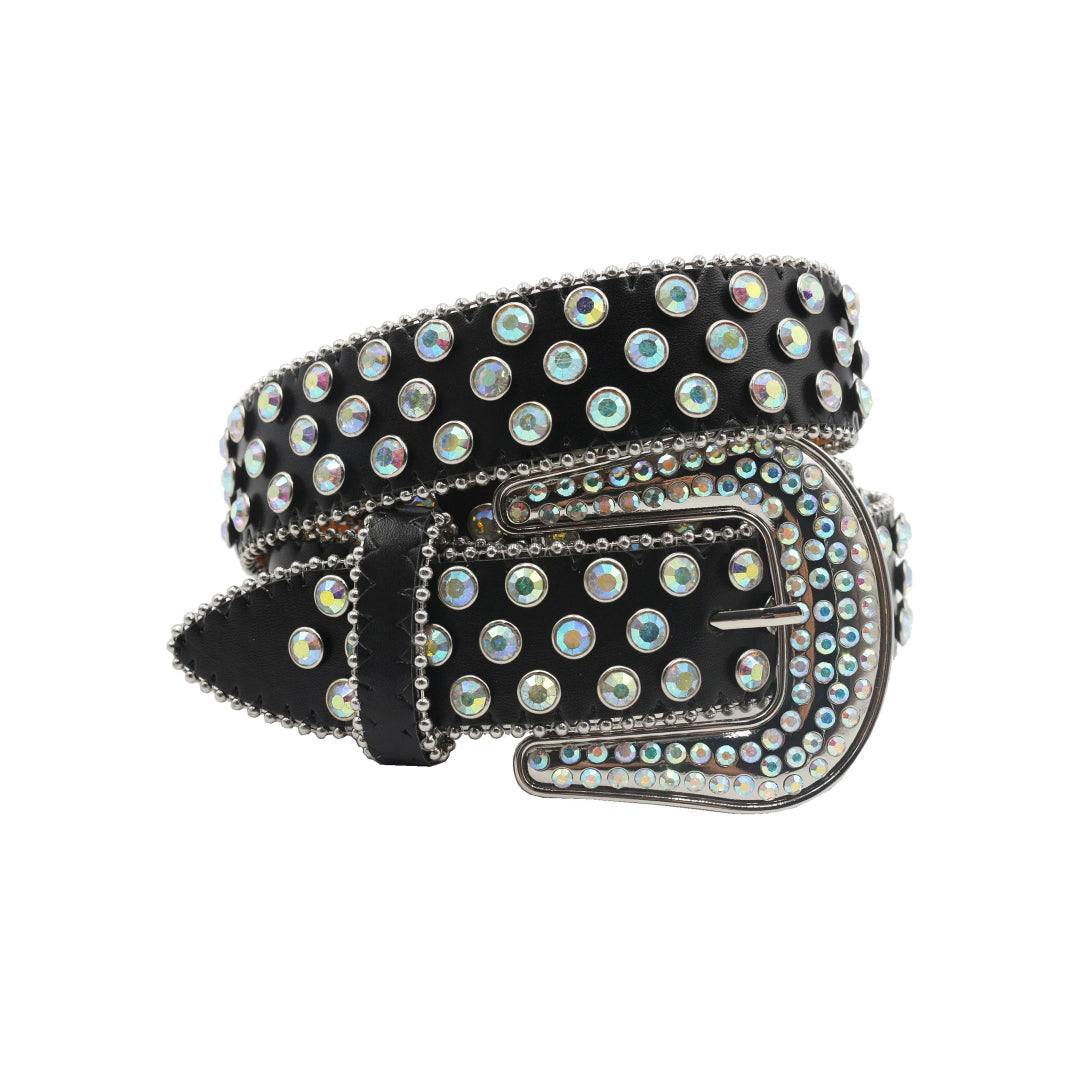 Engraved Buckle Black Strap With Silver Studded Rhinestone Belt