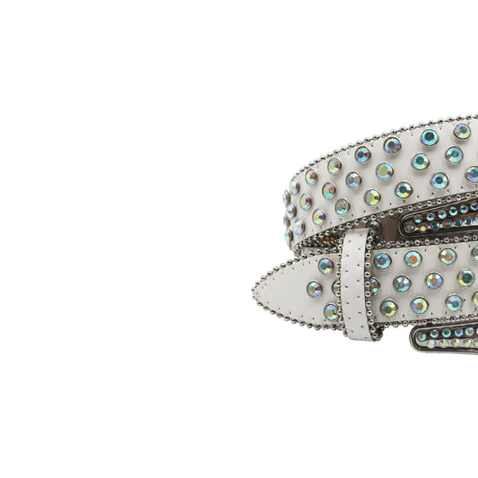 Engraved Buckle White Strap With Shiny Crystals Rhinestone Belt