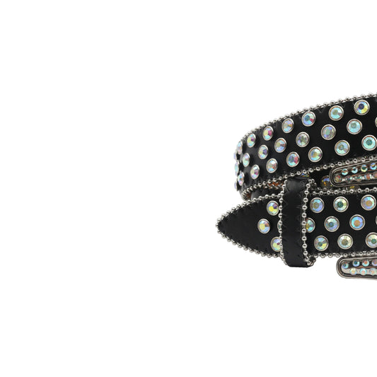 Engraved Buckle Black Strap With Silver Studded Rhinestone Belt