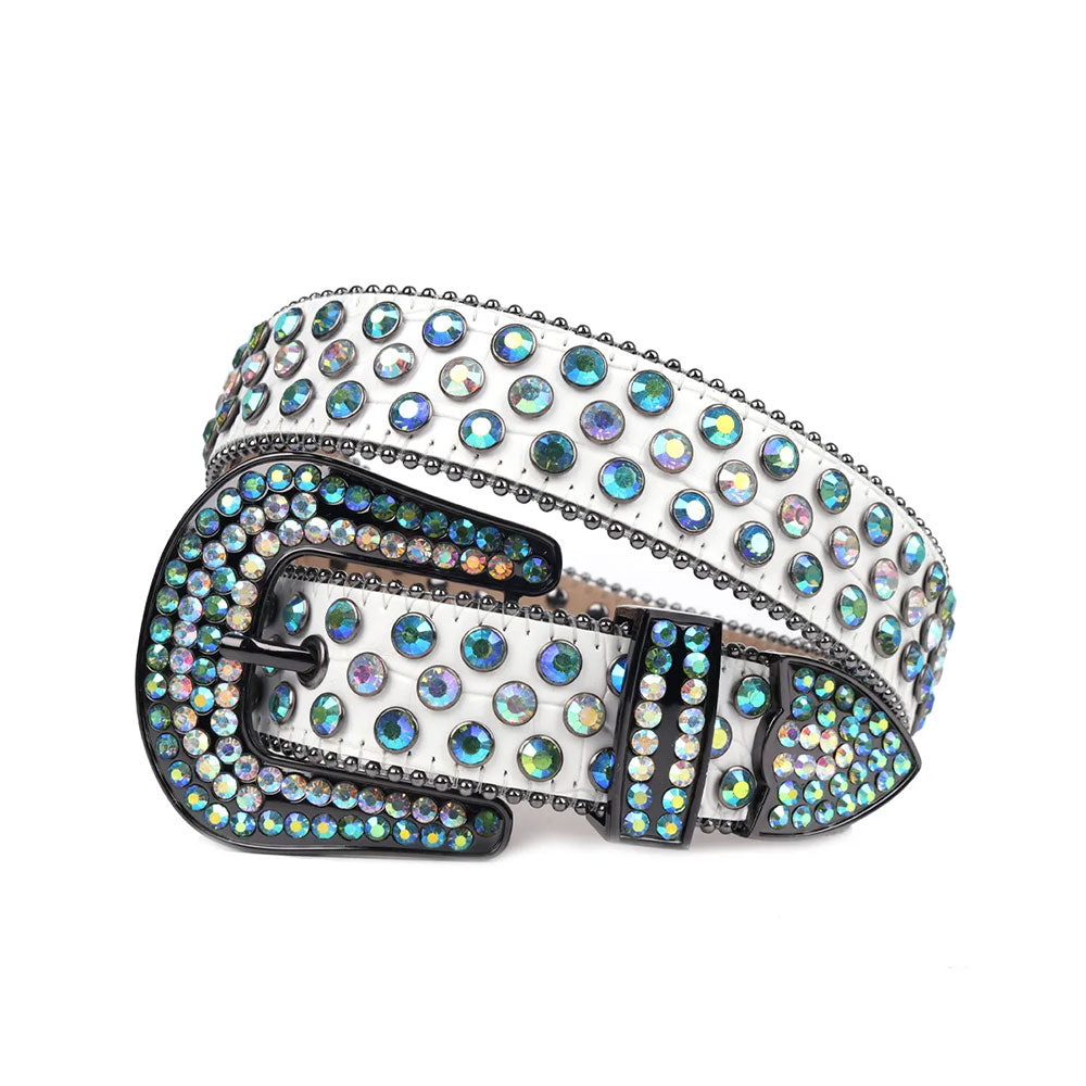 Blue Multi Color Rhinestone Belt With White Strap