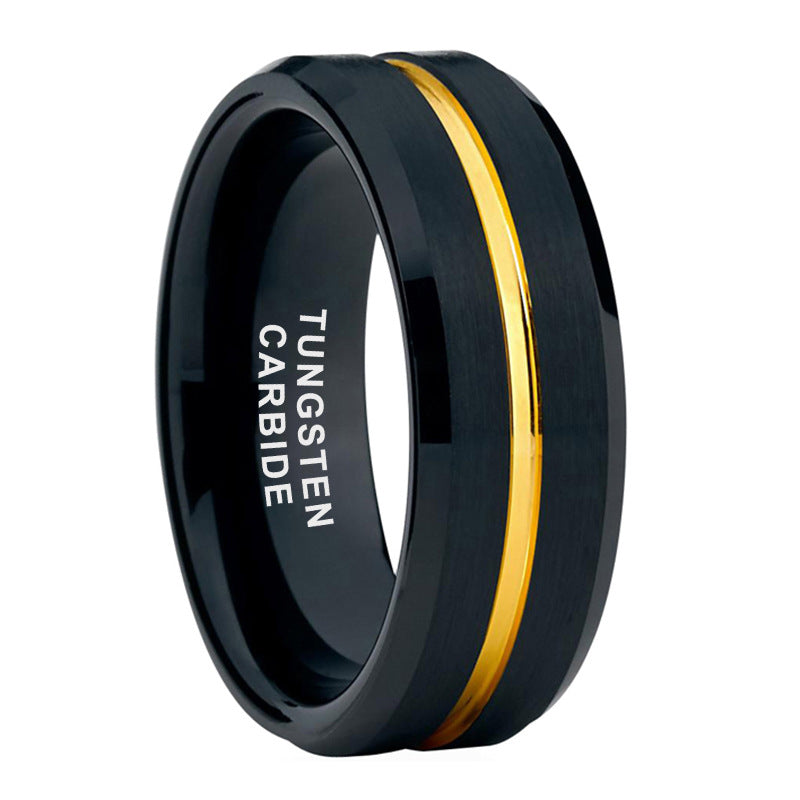 8mm Black With Gold Line Tungsten Ring