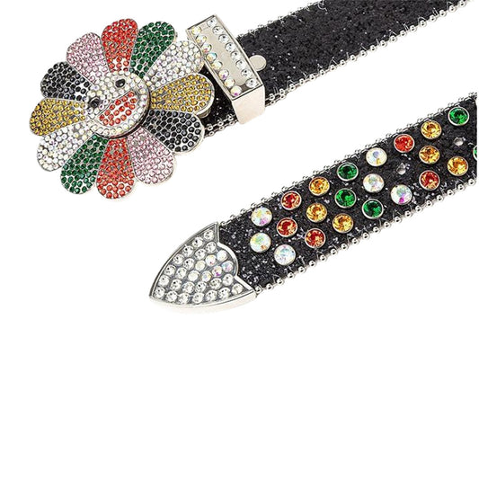 Flower Buckle Black Strap Multi Color Studded Rhinestone Belt