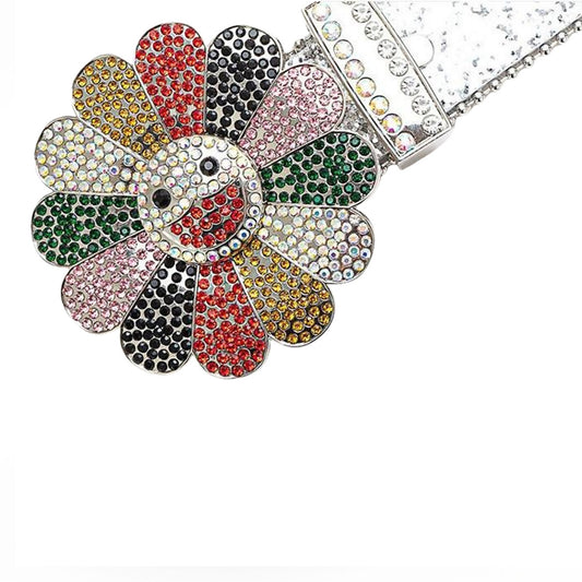 Flower Buckle Silver Strap Multi Color Studded Rhinestone Belt