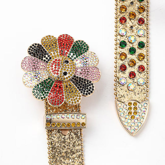 Flower Buckle Gold Strap Multi Color Studded Rhinestone Belt