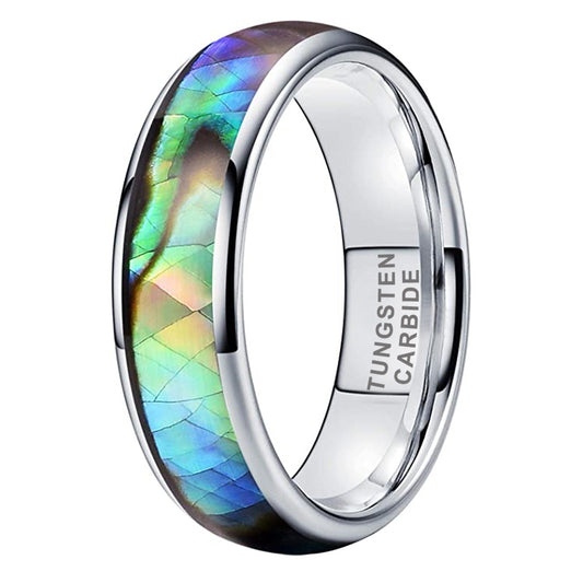 8mm Domed Silver Tungsten Abalone Wedding Band