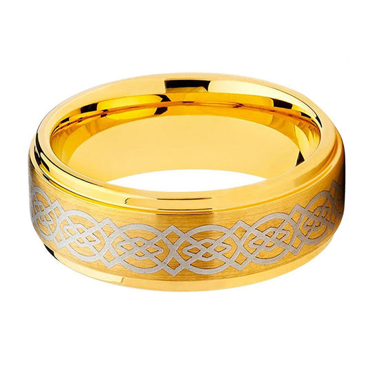 8mm Polished Edges Celtic Gold Tungsten Ring