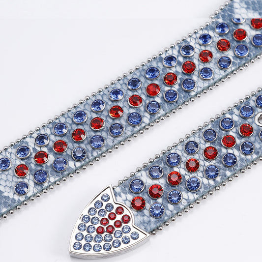 Engraved Buckle Ruby Strap Blue & Red Studded Rhinestone Belt