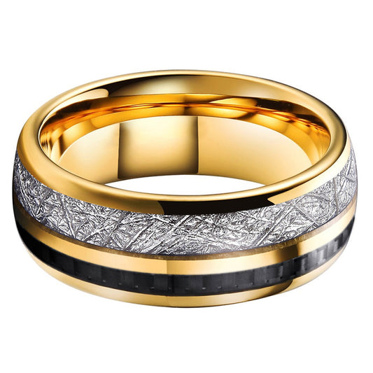 8mm Meteorite Inlay Gold Tungsten Carbide Ring