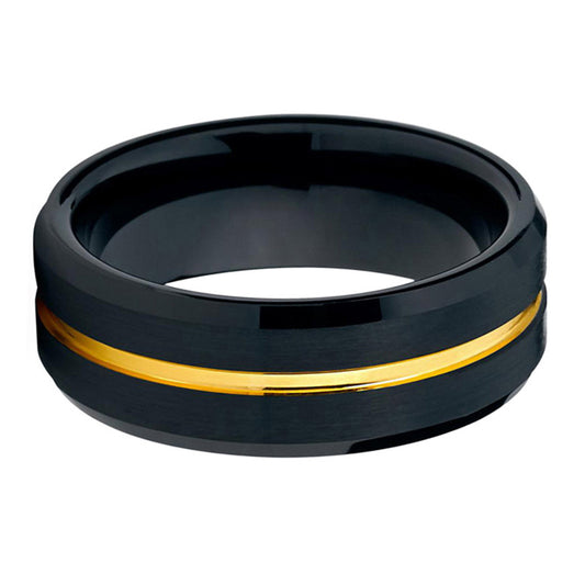 8mm Black With Gold Line Tungsten Ring