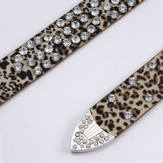 Engraved Buckle Leopard Strap White Studded Rhinestone Belt