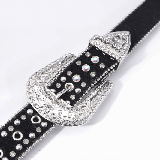 Engraved Buckle Pink Cross Black Strap White Studded Rhinestone Belt