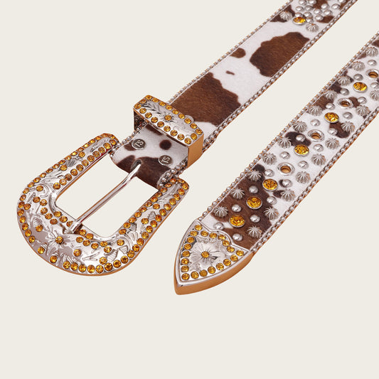 Engraved Buckle Cow Skin Style Strap Gold Studded Rhinestone Belt